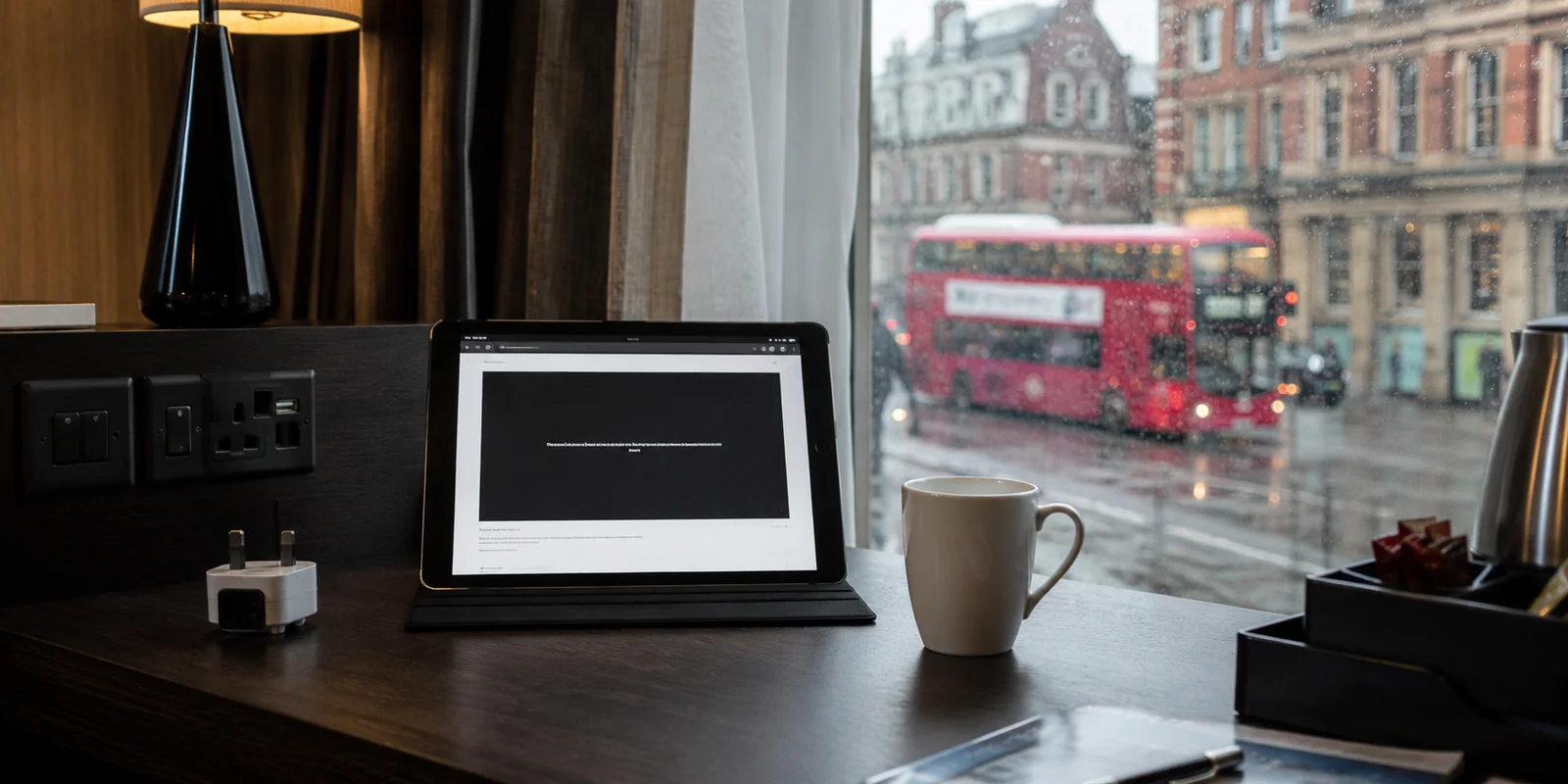 Tablet mit gesperrtem Schweizer Sportvideo in einem regnerischen Birminghamer Hotel