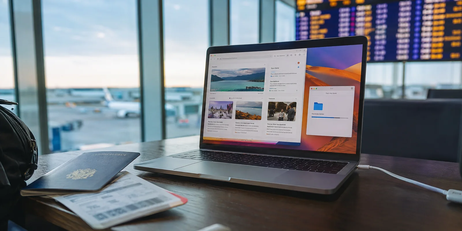Laptop mit Browser und separater Dateisynchronisation an einem Flughafen-Gate