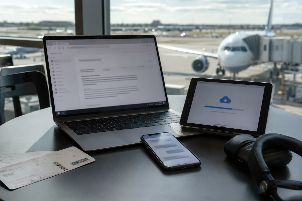Laptop, Tablet und Telefon mit mehreren laufenden Anwendungen am Flughafen