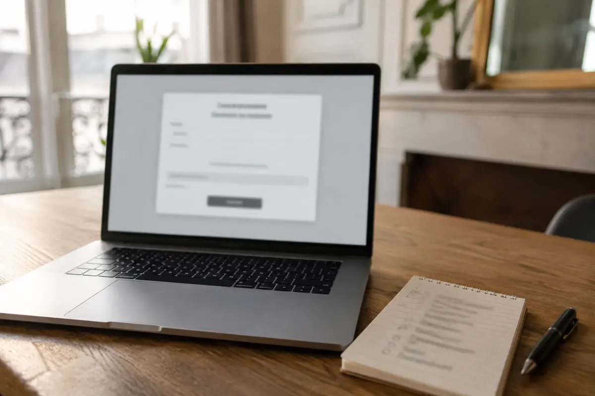 Ein französischer Laptop zeigt ein neutrales Altersprüfungsformular.