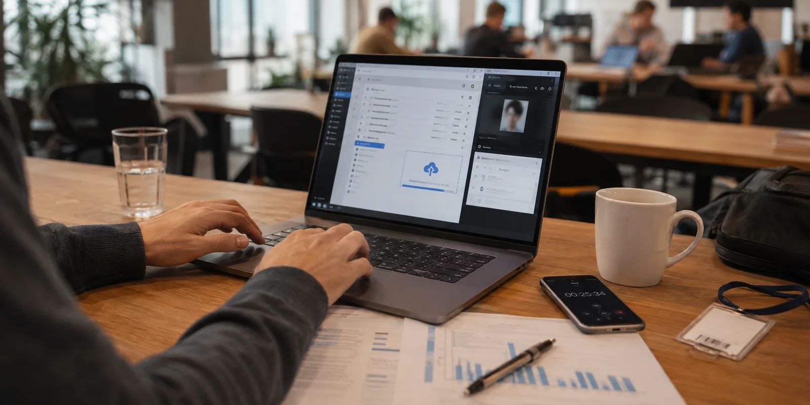 Freelancer-Arbeitsplatz im Coworking-Space kurz vor einem Kunden-Upload