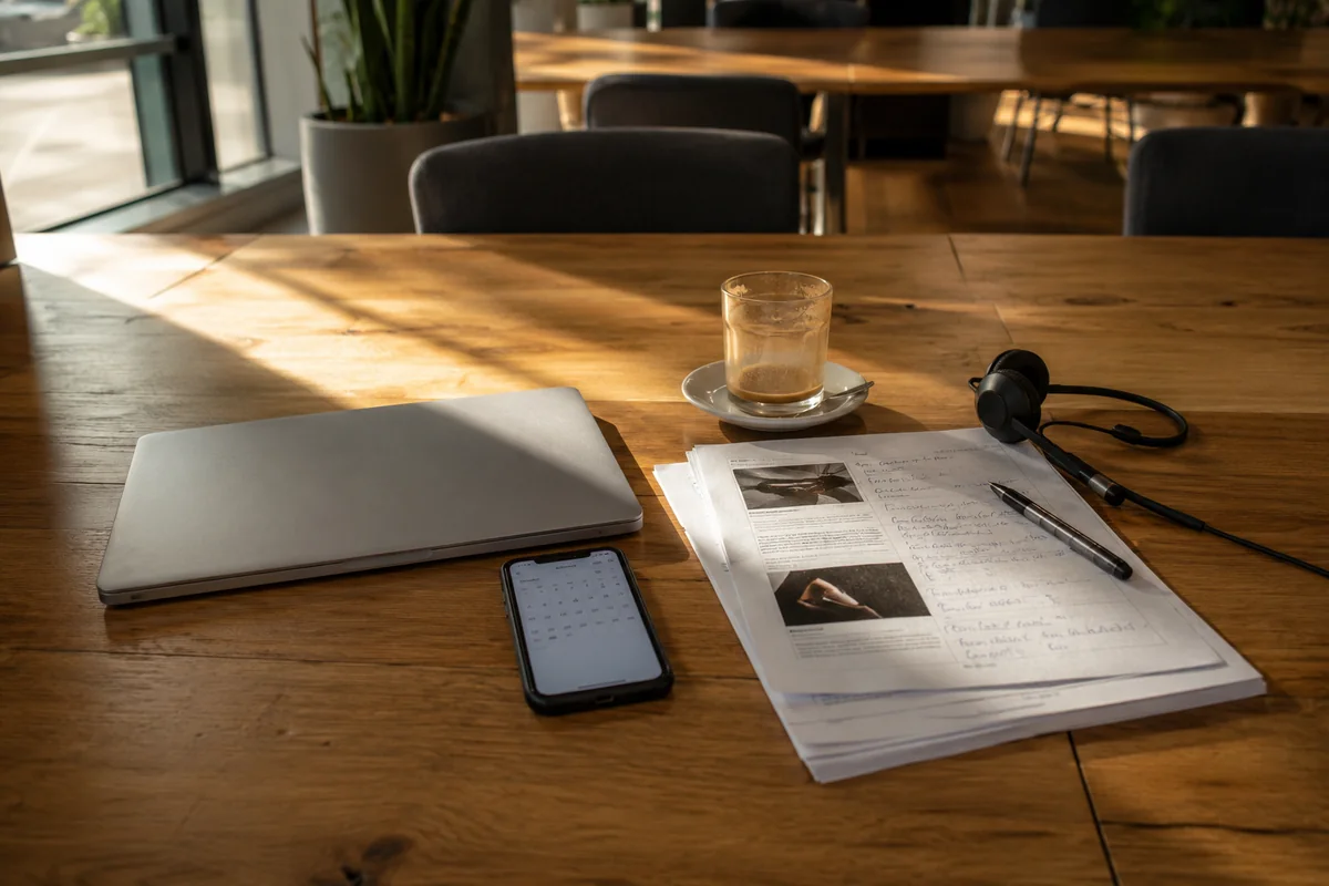 Aufgeräumter Coworking-Tisch nach dem Kunden-Call mit Notizen und Headset