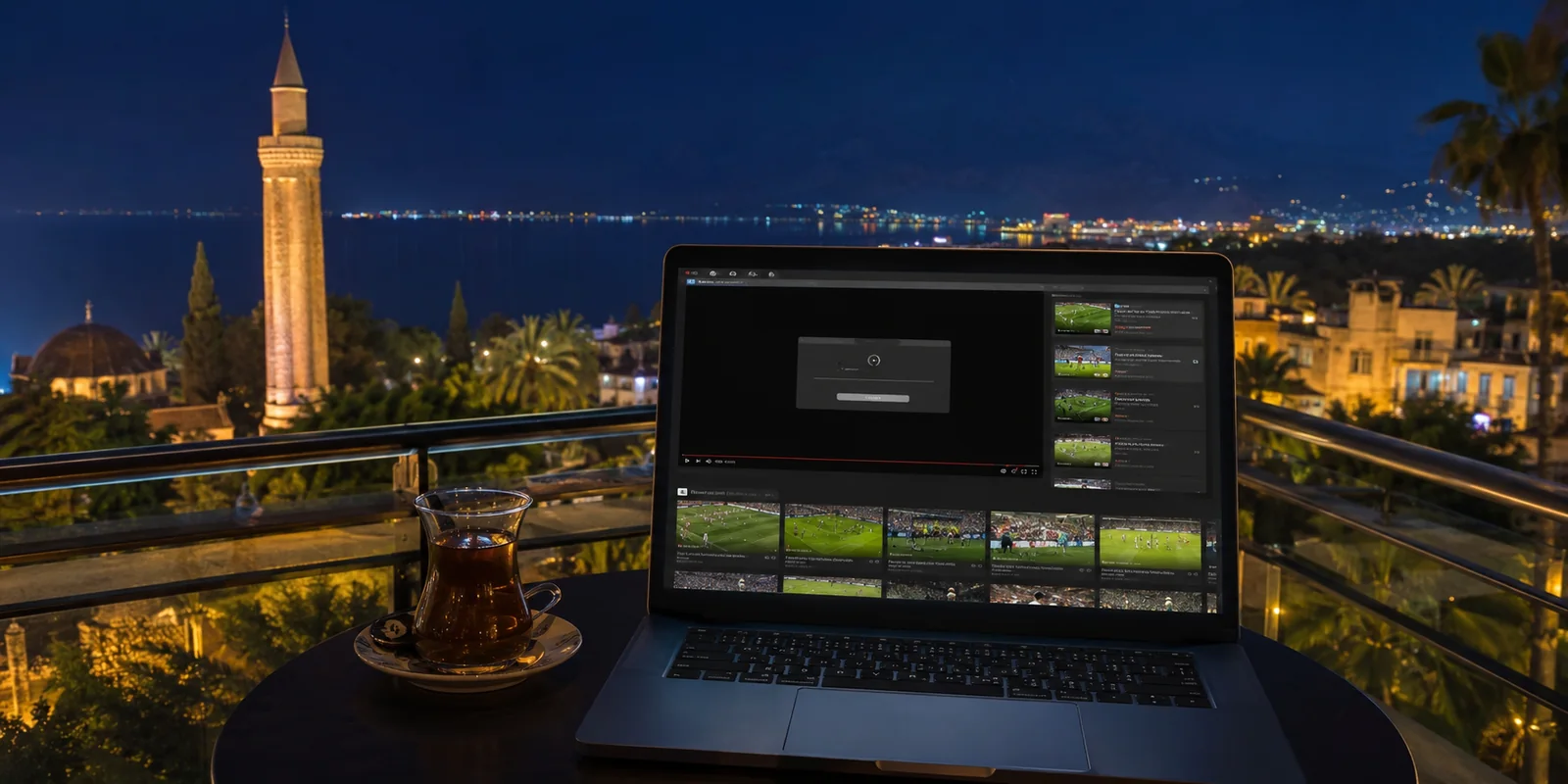 Laptop mit blockiertem Fußballstream auf einem Antalya-Balkon bei Nacht