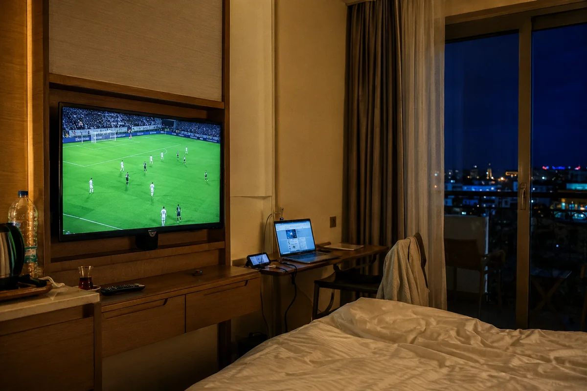 Fußball läuft im türkischen Hotelzimmer, während Laptop und Hotspot daneben verbunden sind