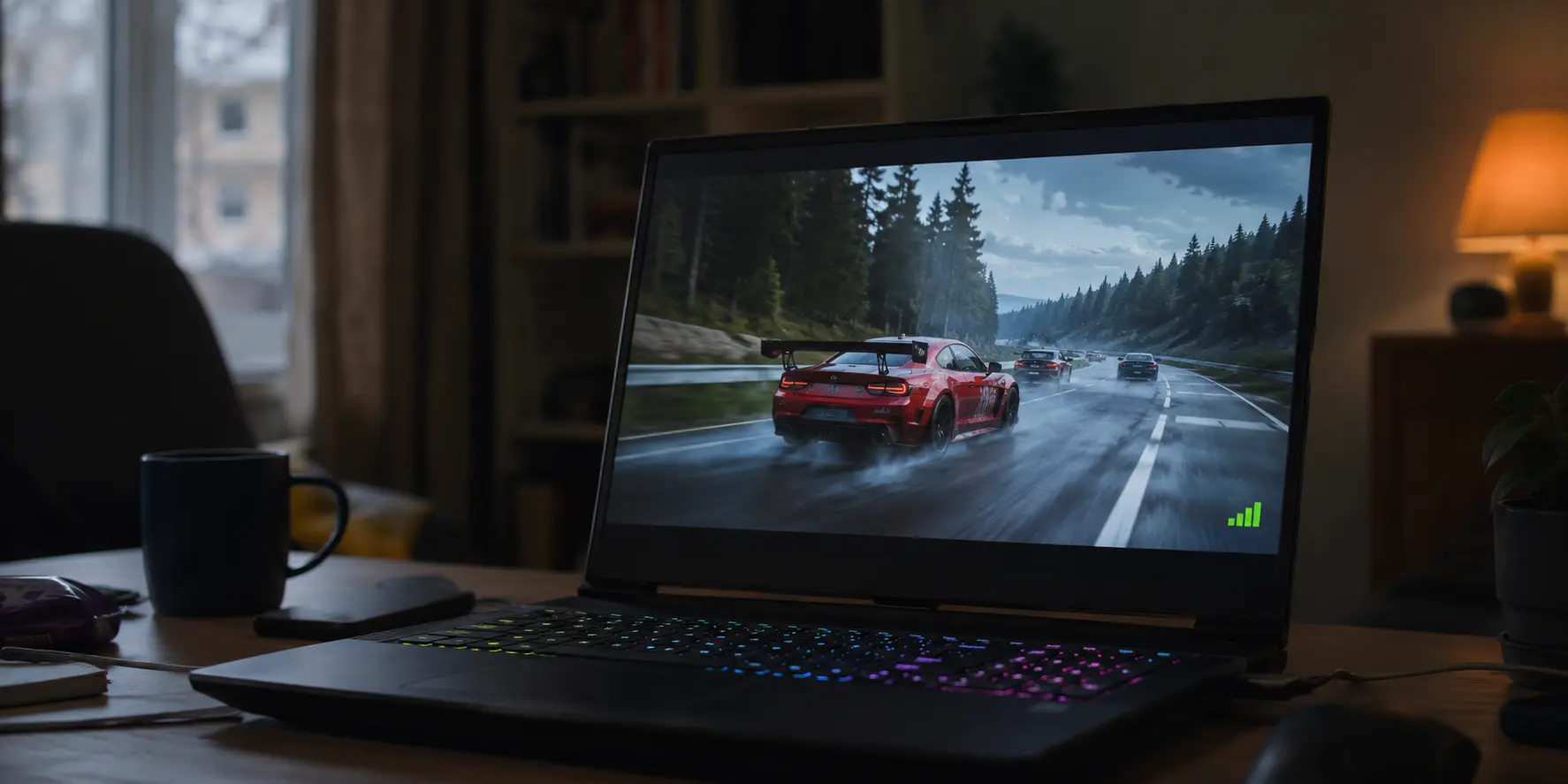 Ein Gaming-Laptop zeigt eine laufende Cloud-Gaming-Partie in einer echten Wohnumgebung.