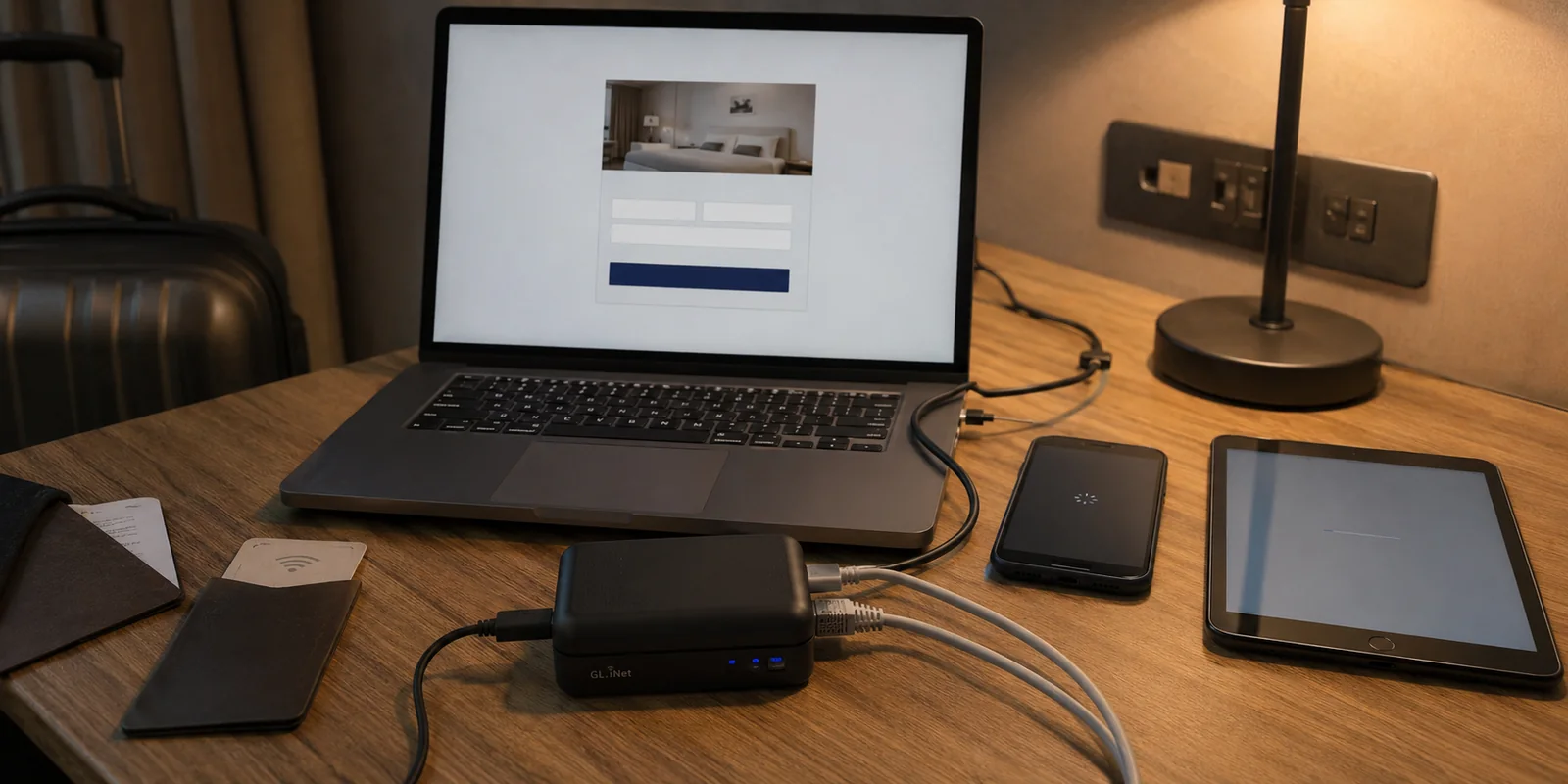 GL.iNet-Reiserouter und nicht erreichbares Hotel-Login auf einem Hotelzimmer-Schreibtisch