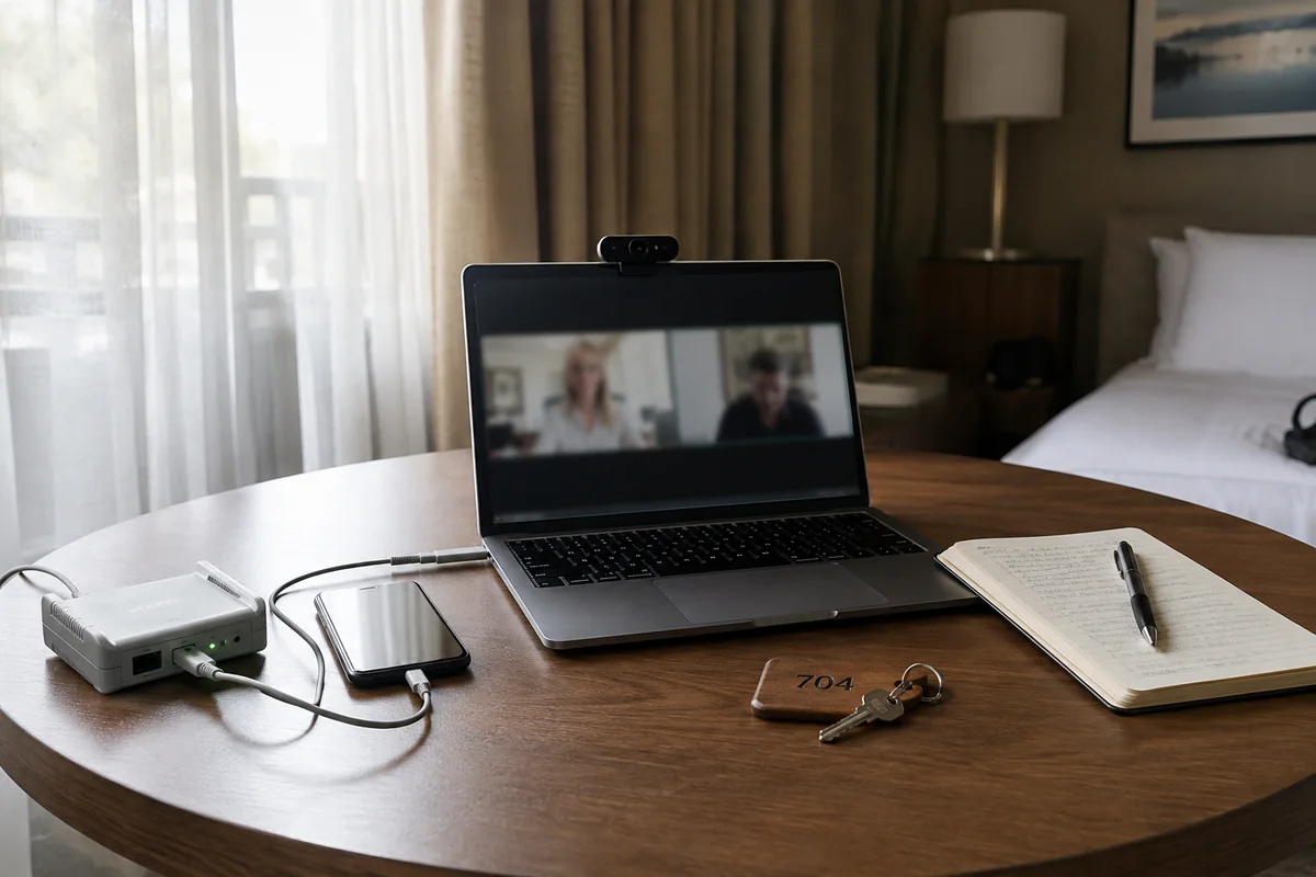 Laptop mit laufendem Kunden-Call, Smartphone-Hotspot und Reiserouter im Hotelzimmer