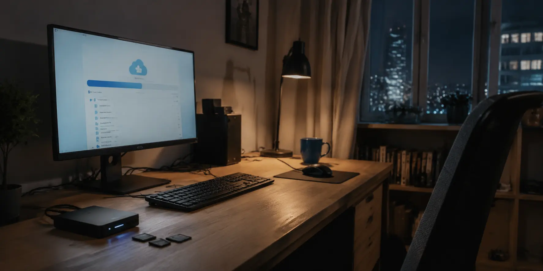Ein nächtlicher Arbeitsplatz mit Rechner und laufendem Cloud-Backup.