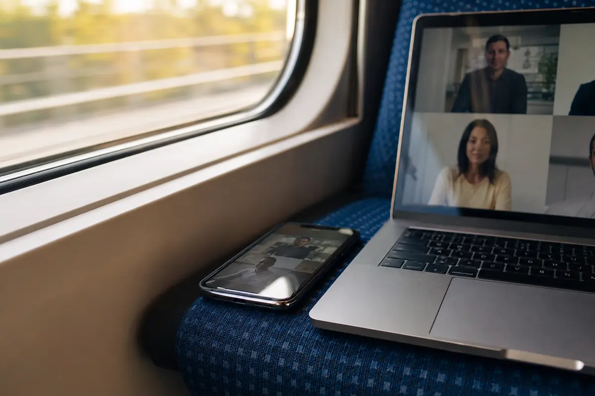 Smartphone und Laptop auf einem Zugplatz während des Wechsels von WLAN zu 5G