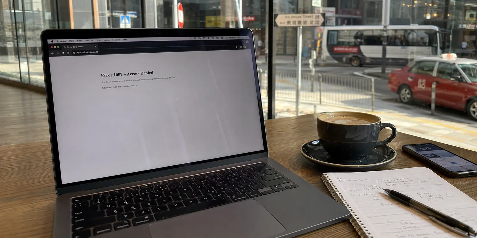Ein Laptop in einem Café in Hongkong zeigt Error 1009 – Access Denied