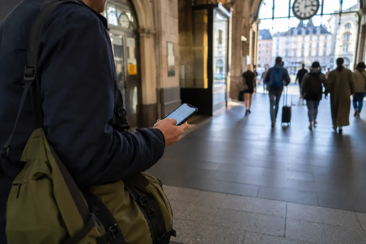 Ein Reisender nutzt sein iPhone beim Verlassen eines Bahnhofs