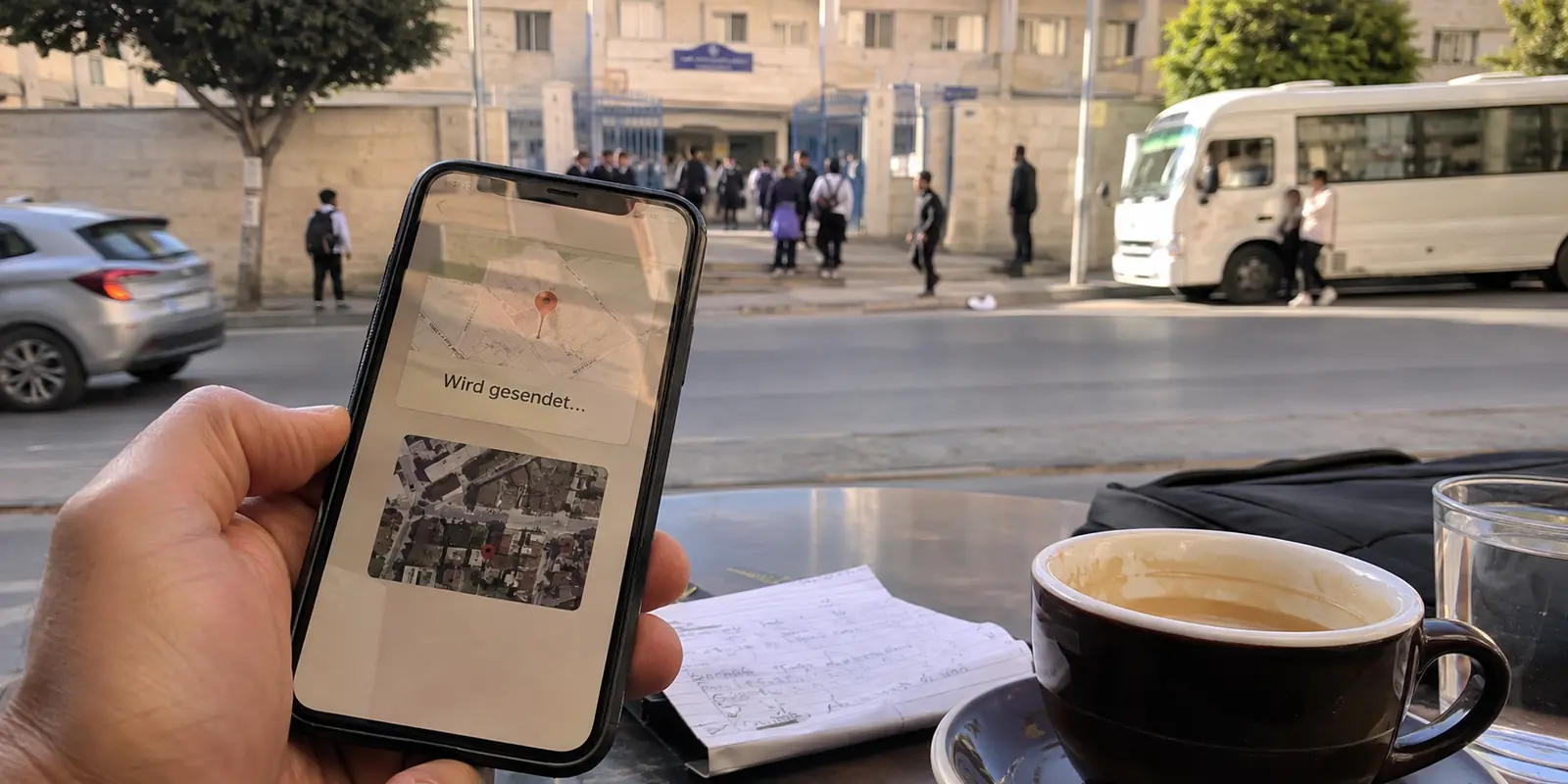Nicht gesendeter Standort auf einem Telefon vor einer Schule in Amman