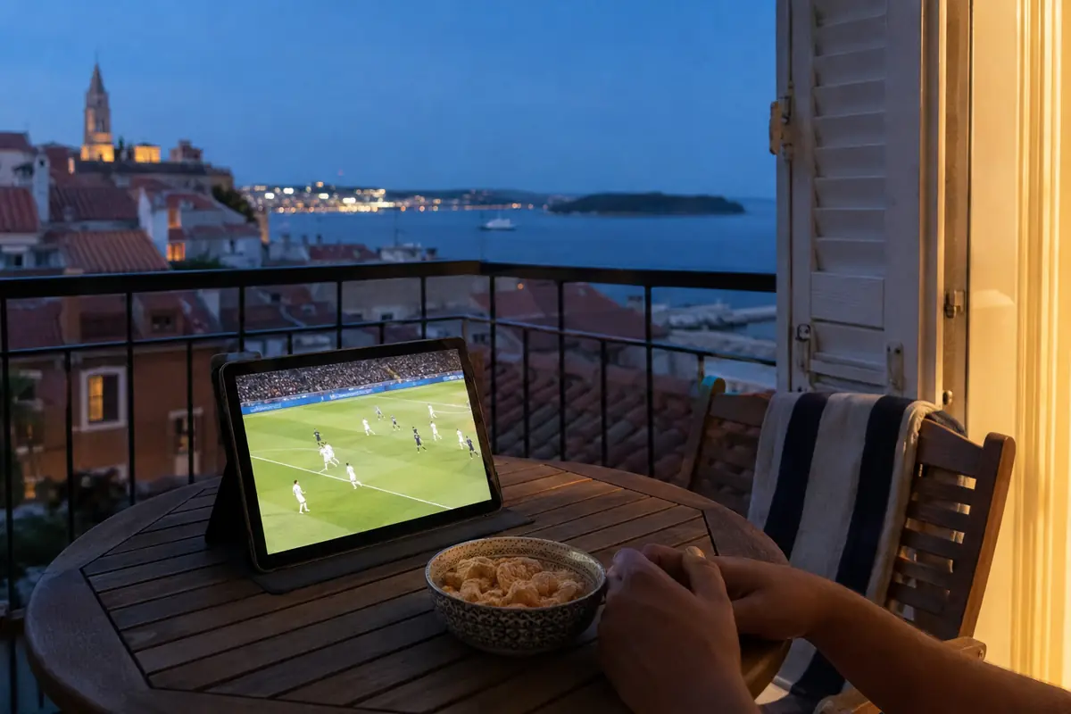 Laufender Fußball-Livestream auf einer Terrasse mit Blick über Rovinj