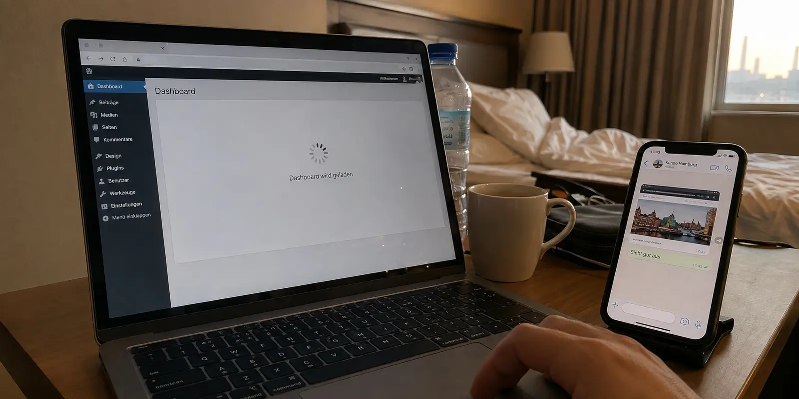 In Kuwait festhängendes Website-Dashboard neben der Nachricht einer Kundin, bei der die Seite lädt