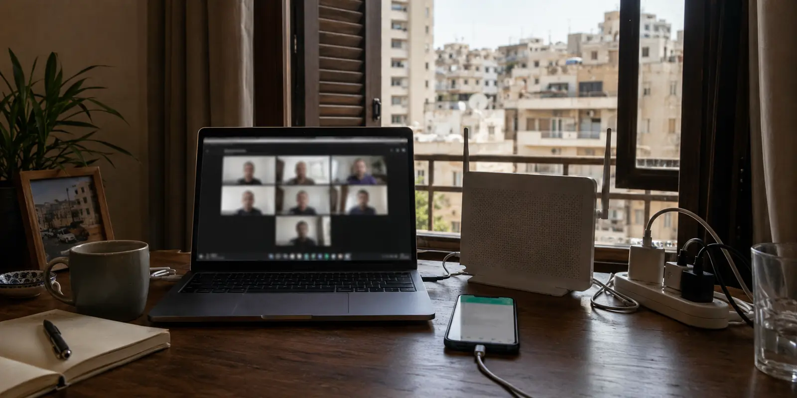 Videokonferenz, ausgefallener Router und Smartphone-Hotspot in einer Wohnung in Beirut.