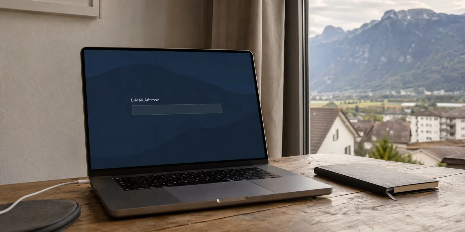 Laptop in einem Arbeitsraum in Liechtenstein mit einem VPN-Anmeldefeld für die E-Mail-Adresse