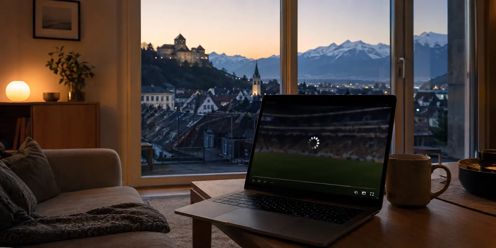 Laptop mit angehaltenem Sportstream vor der Landschaft von Vaduz