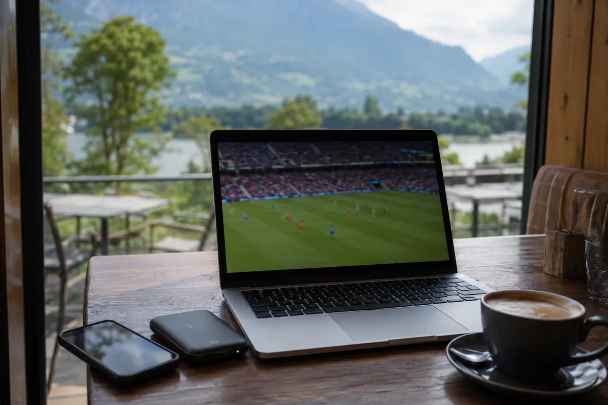 Stabiler Live-Fußballstream auf einem Laptop in einem Café nahe der Schweizer Grenze