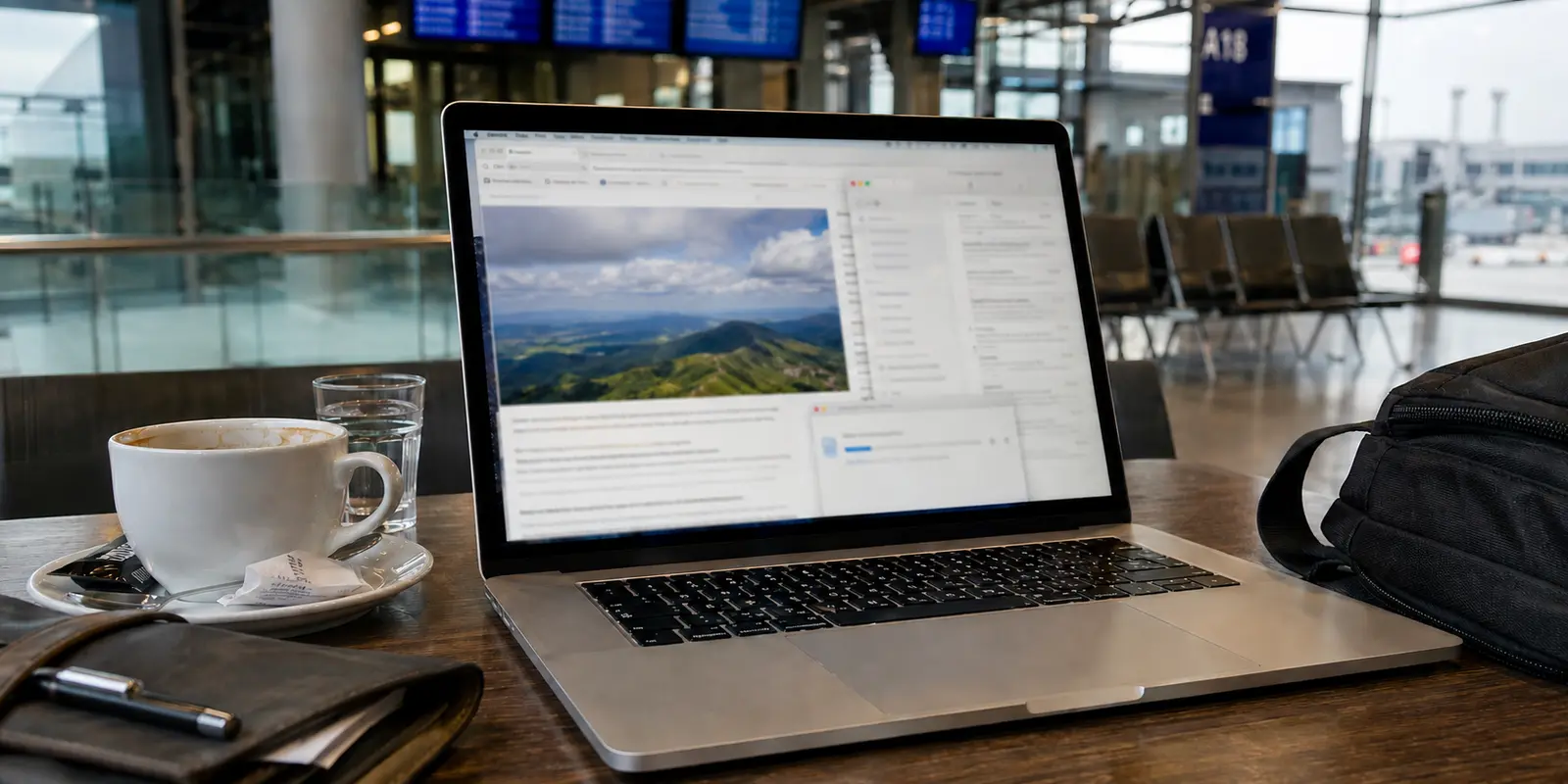 MacBook im Flughafen, auf dem Safari geöffnet ist, während Mail und ein Datei-Upload im Hintergrund warten