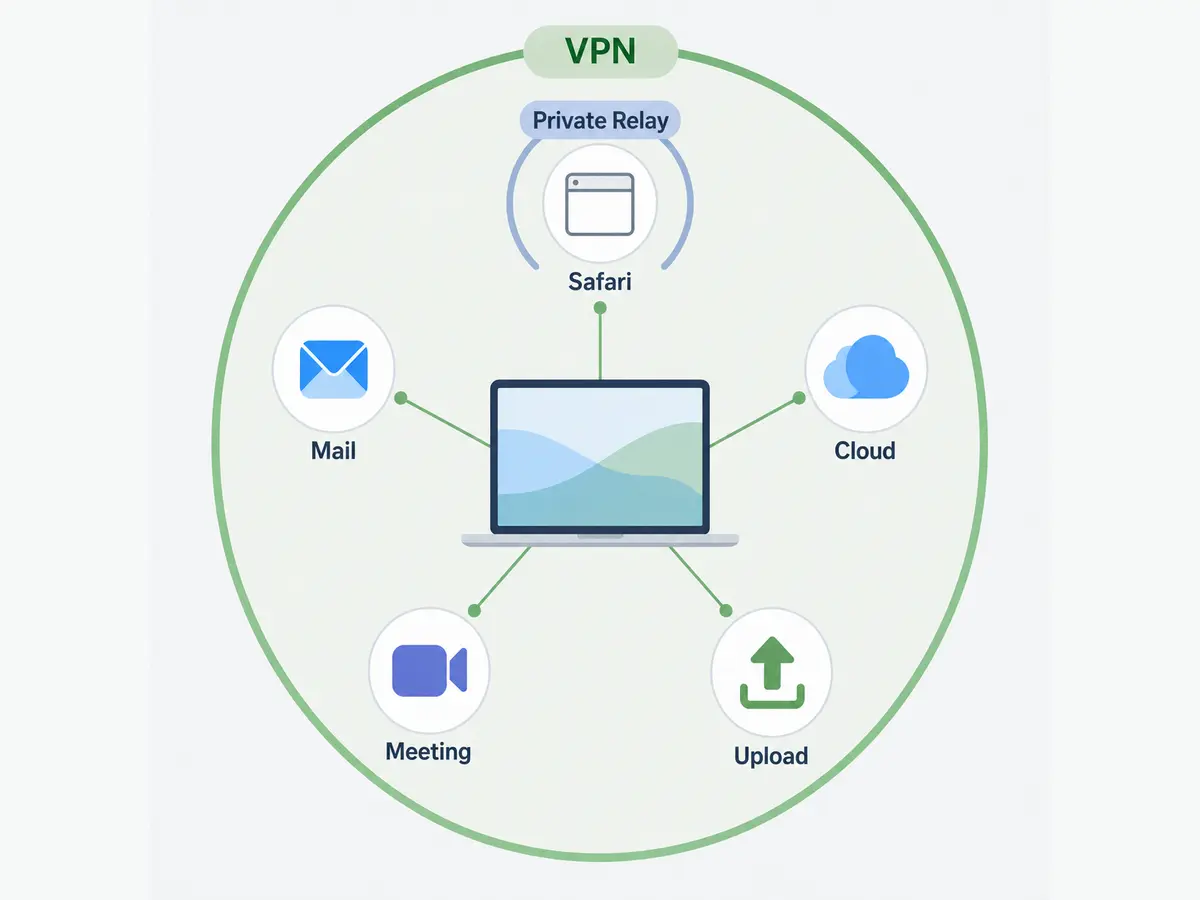 Schematische Darstellung: Private Relay schützt Safari, während eine VPN Mail, Cloud, Meetings und Uploads auf dem ganzen Mac abdeckt