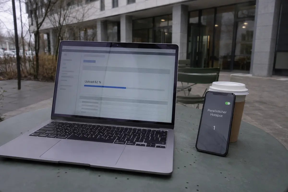 Der Upload läuft nach dem Wechsel vom Büro-WLAN zum persönlichen Hotspot bei 52 Prozent weiter.