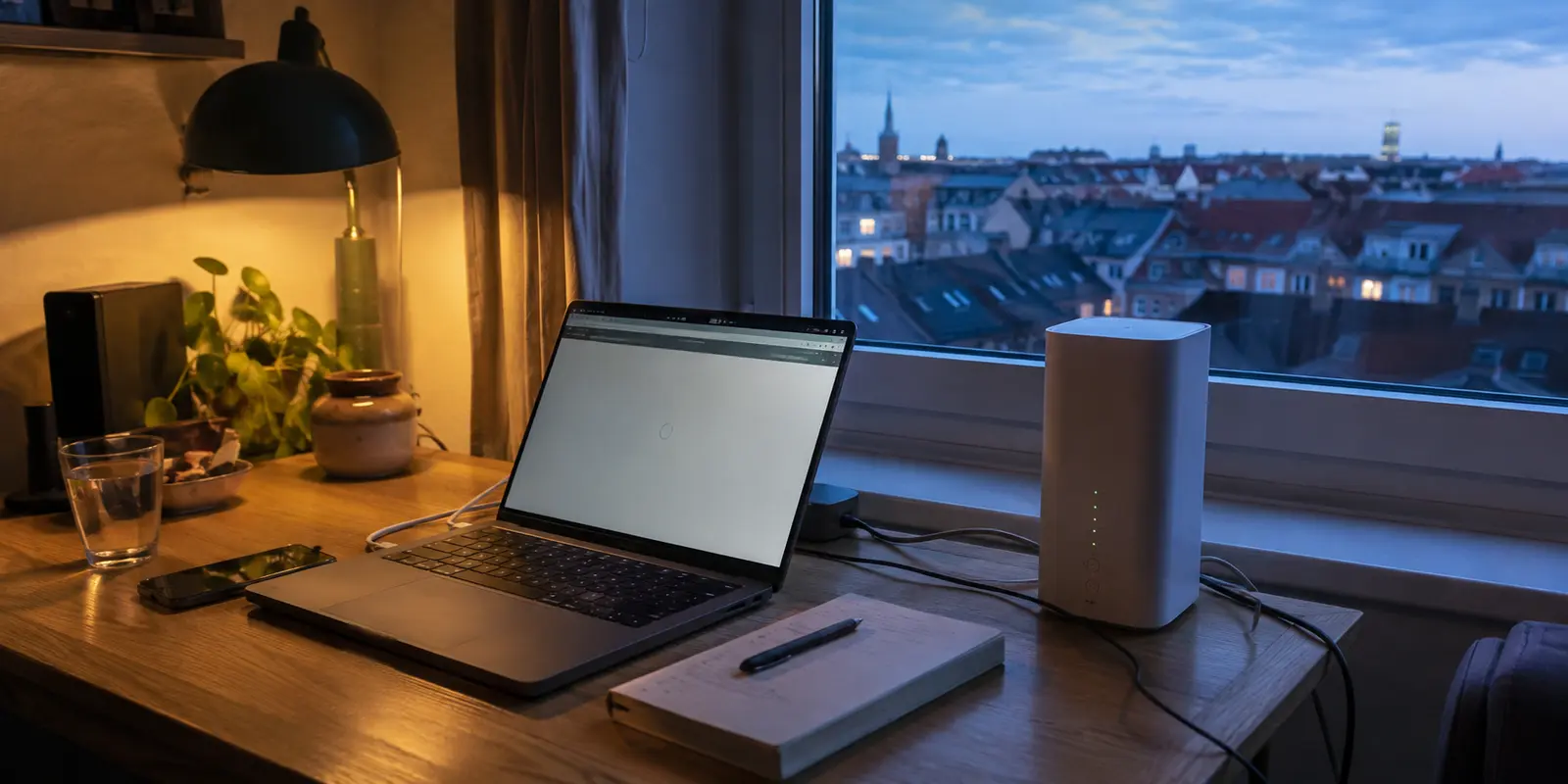 Laptop und 5G-Router an einem österreichischen Arbeitsplatz bei schwankender VPN-Verbindung