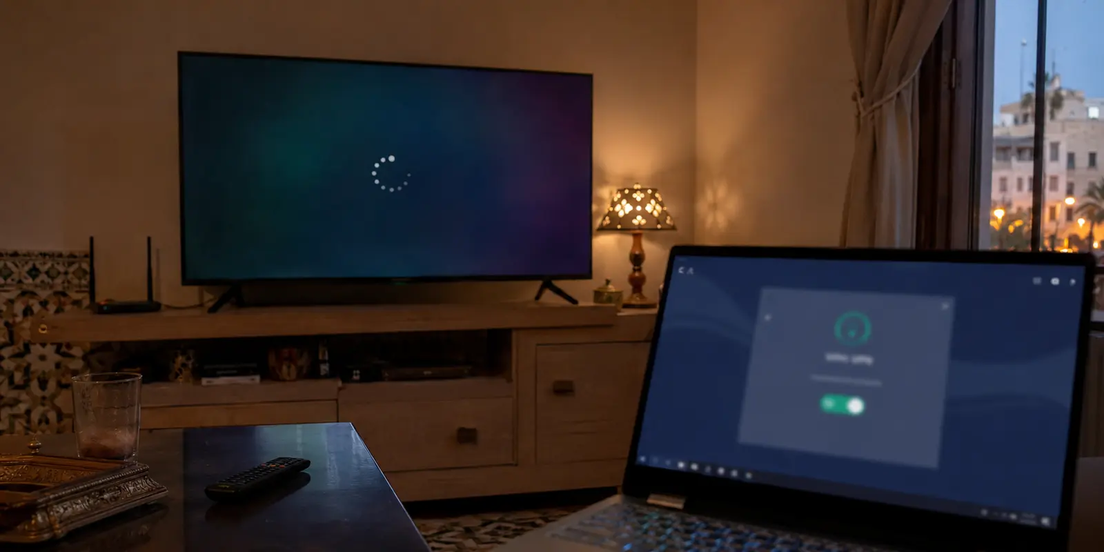 Ein Fernseher im marokkanischen Wohnzimmer wartet auf einen Sportstream.