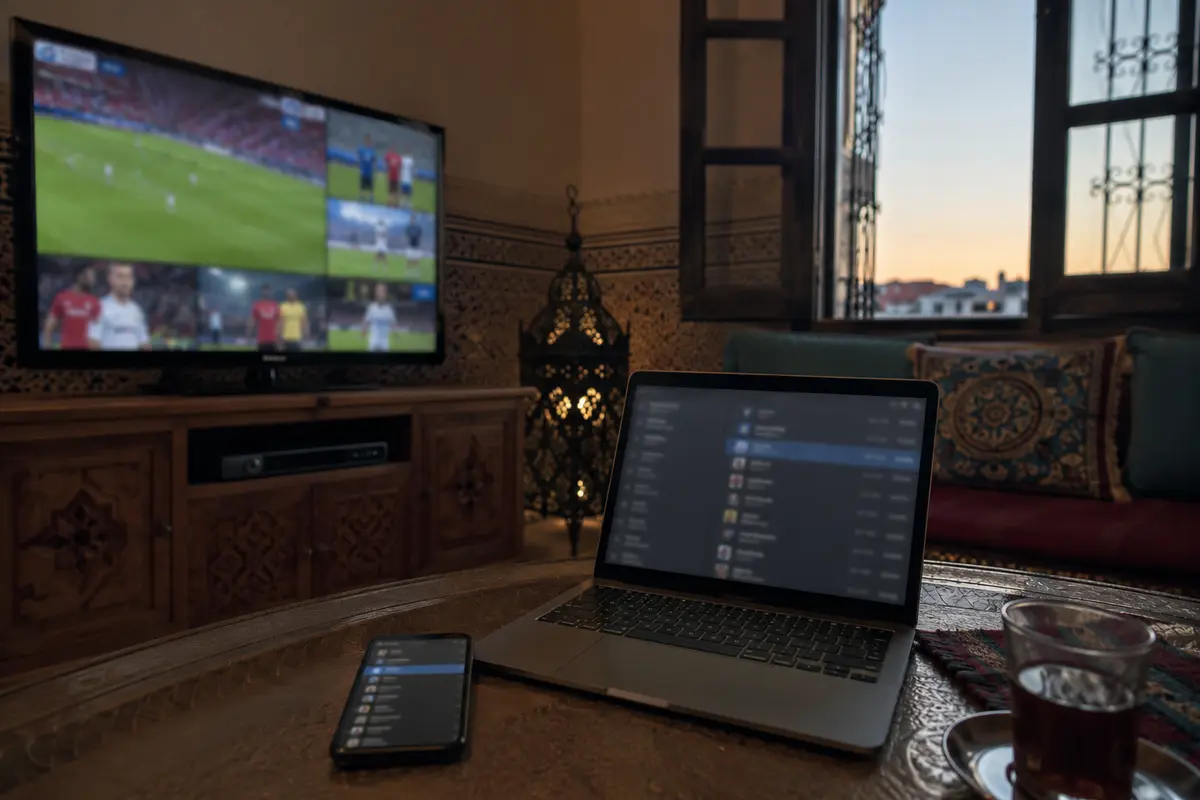 Ein Fernseher im marokkanischen Wohnzimmer wartet auf einen Sportstream.