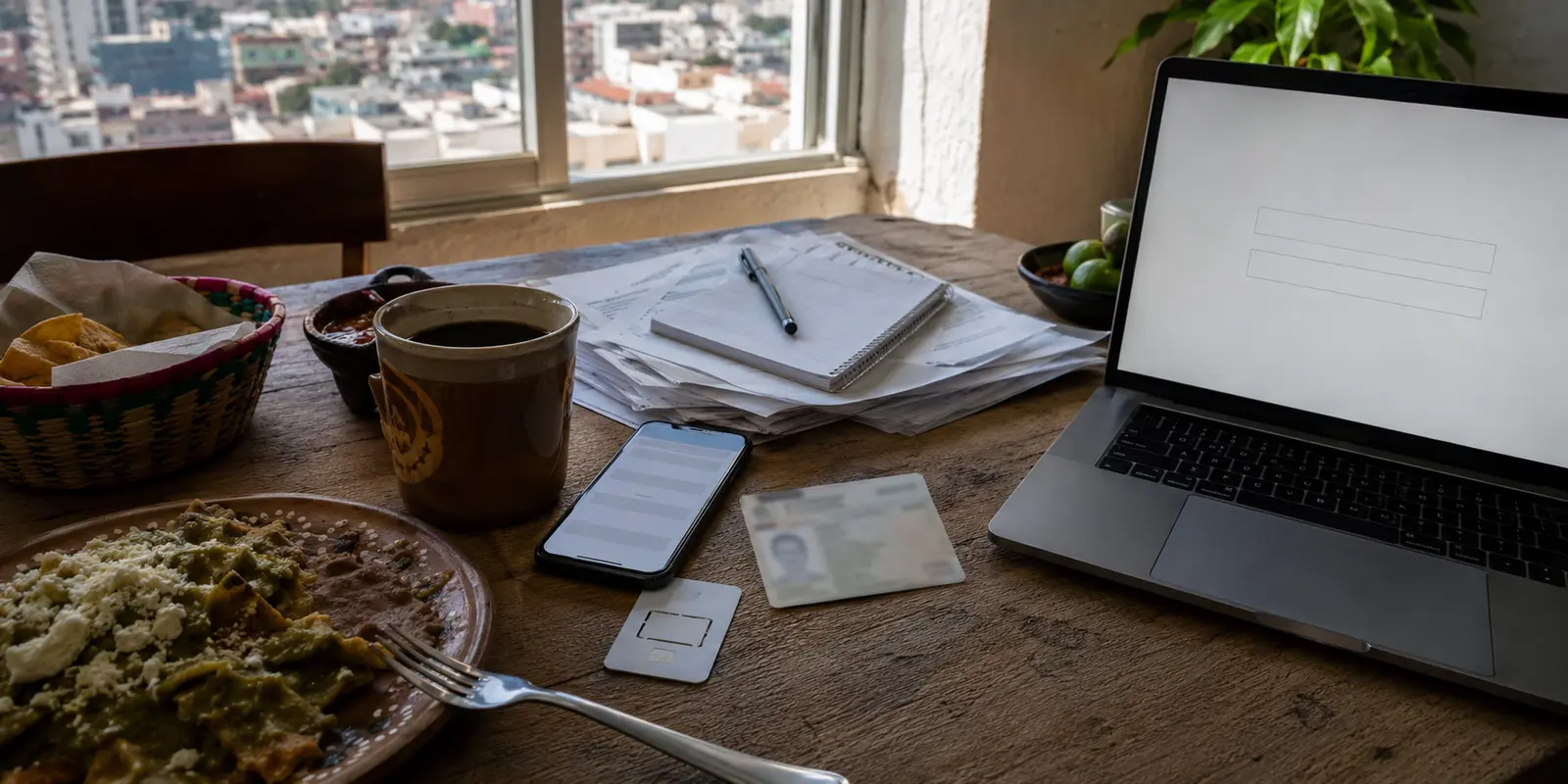 Frühstückstisch in Mexiko-Stadt mit SIM-Unterlagen und einem weiteren leeren Kontoformular auf dem Laptop