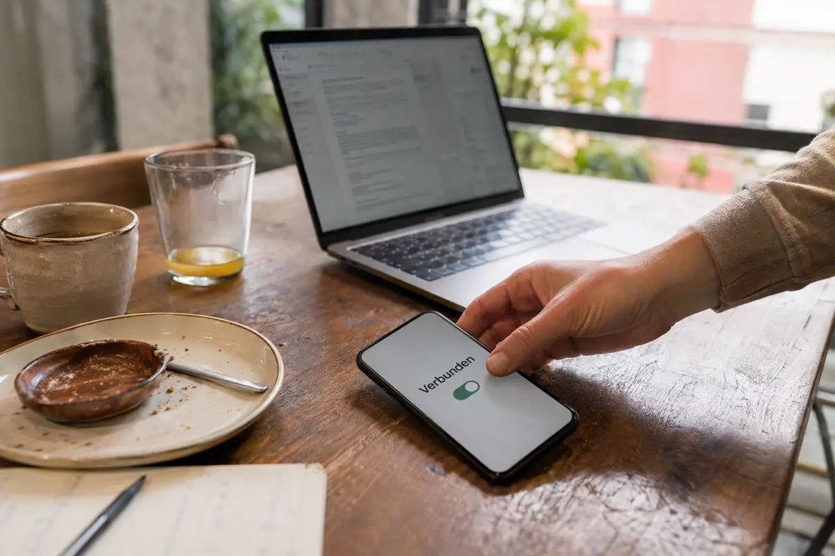 Aktive Datenschutzverbindung auf einem Smartphone, während die Arbeit am Laptop weitergeht