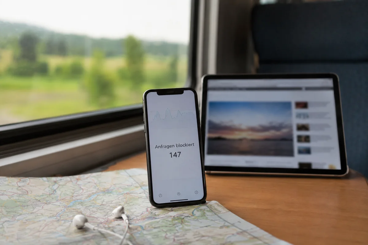Ein Smartphone zeigt blockierte Anfragen, während eine Nachrichtenseite im Zug normal geöffnet bleibt.