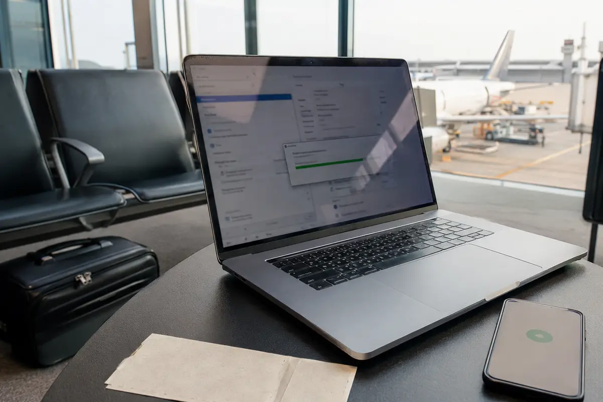 Am Flughafen ist die Verbindung hergestellt und eine Arbeitsdatei auf dem Laptop vollständig geladen.