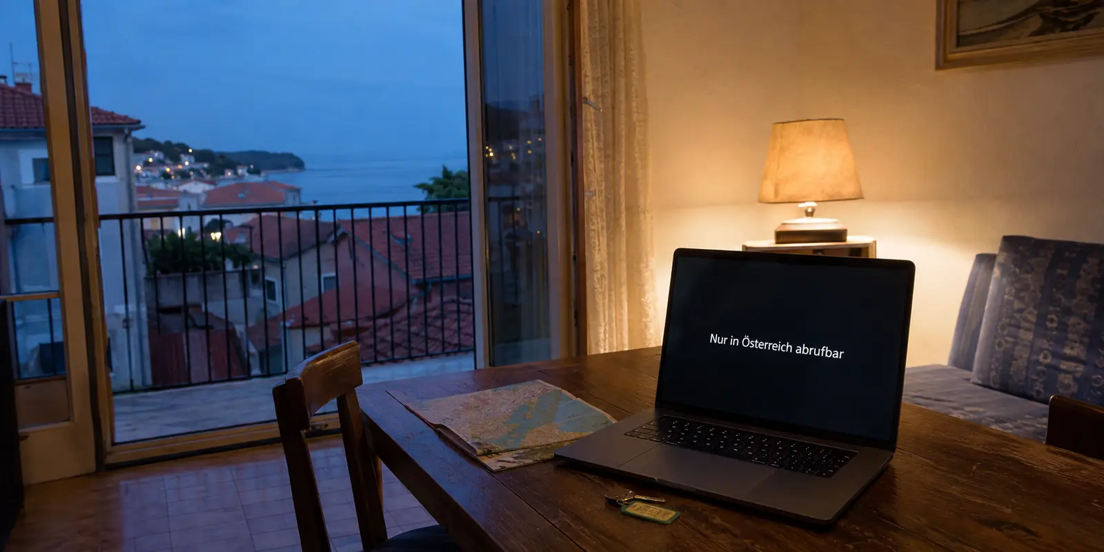 Ein Laptop zeigt in einer kroatischen Ferienwohnung den Hinweis, dass ein Video nur in Österreich abrufbar ist