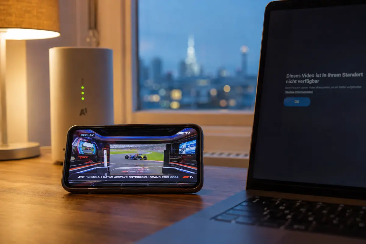 Über 5G läuft der Formel-1-Stream, während der Festnetz-Laptop weiterhin den Standort ablehnt