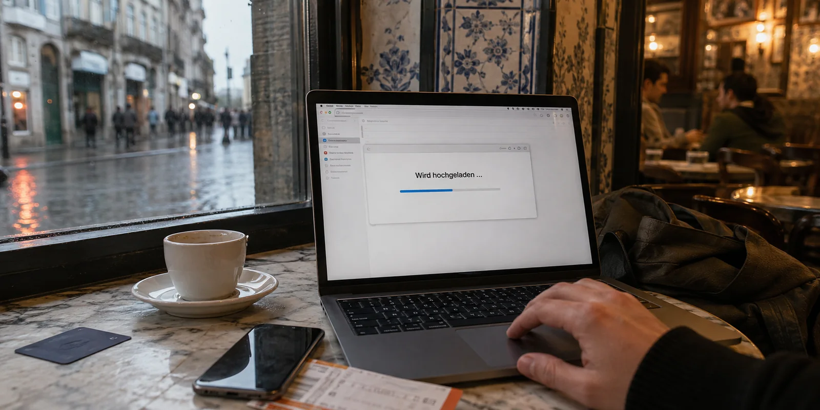 Upload einer Kundenpräsentation über ein öffentliches Café-WLAN in Porto