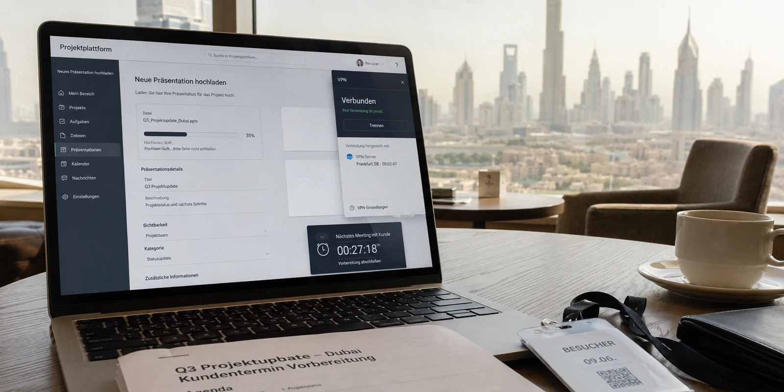 In Dubai bleibt ein Präsentations-Upload trotz verbundenem VPN bei 35 Prozent stehen