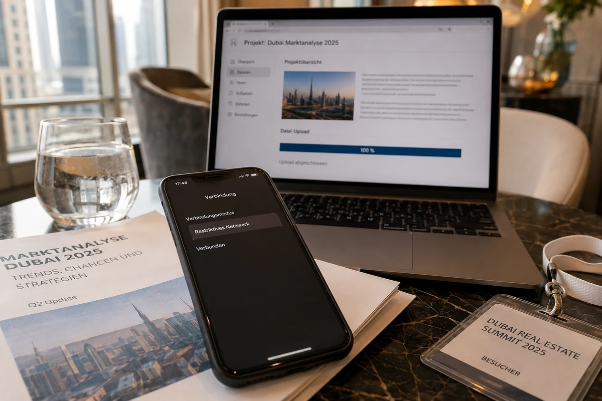 Restriktiv-Modus auf dem Smartphone neben dem vollständig hochgeladenen Projekt