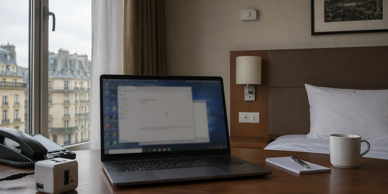 Eine Remote-Desktop-Sitzung friert auf einem Laptop im Hotelzimmer ein.