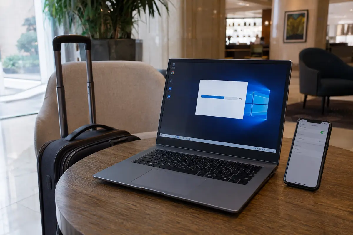 Remote Desktop läuft im Hotel weiter, während der Laptop einen Smartphone-Hotspot nutzt.