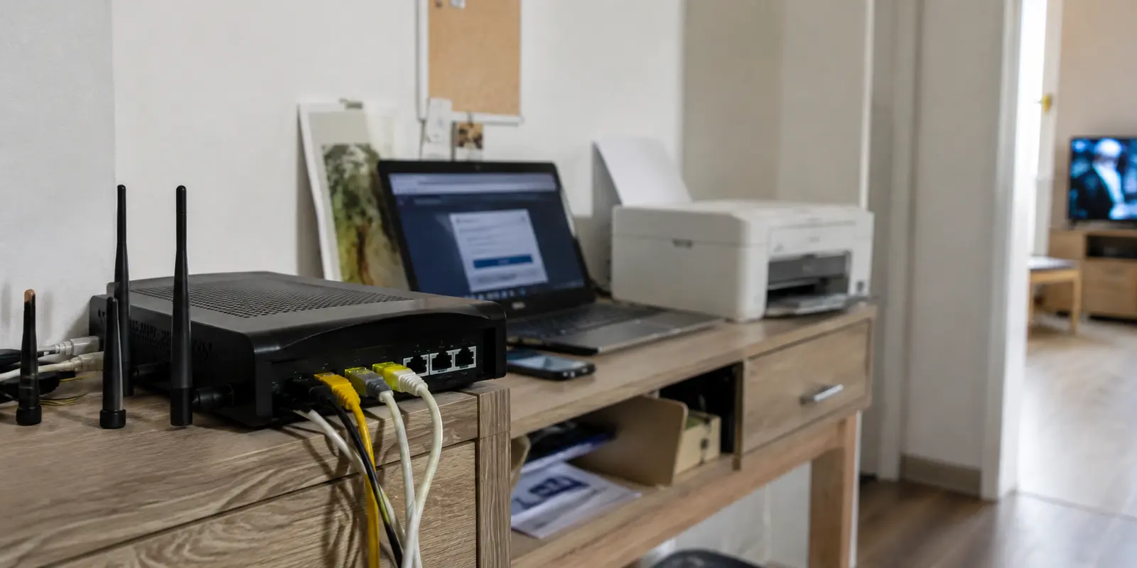 Verkabelter Heimrouter vor Laptop, Smartphone und Drucker, während ein Fernseher nur am Rand des Raums zu sehen ist