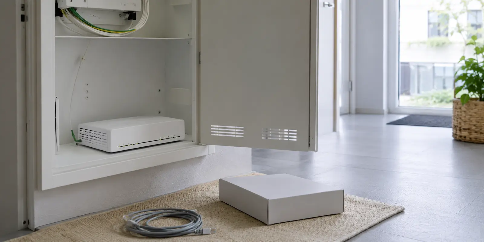 Eine installierte Fiber Box neben unbenutzter zusätzlicher Router-Hardware in einem Schweizer Haushalt