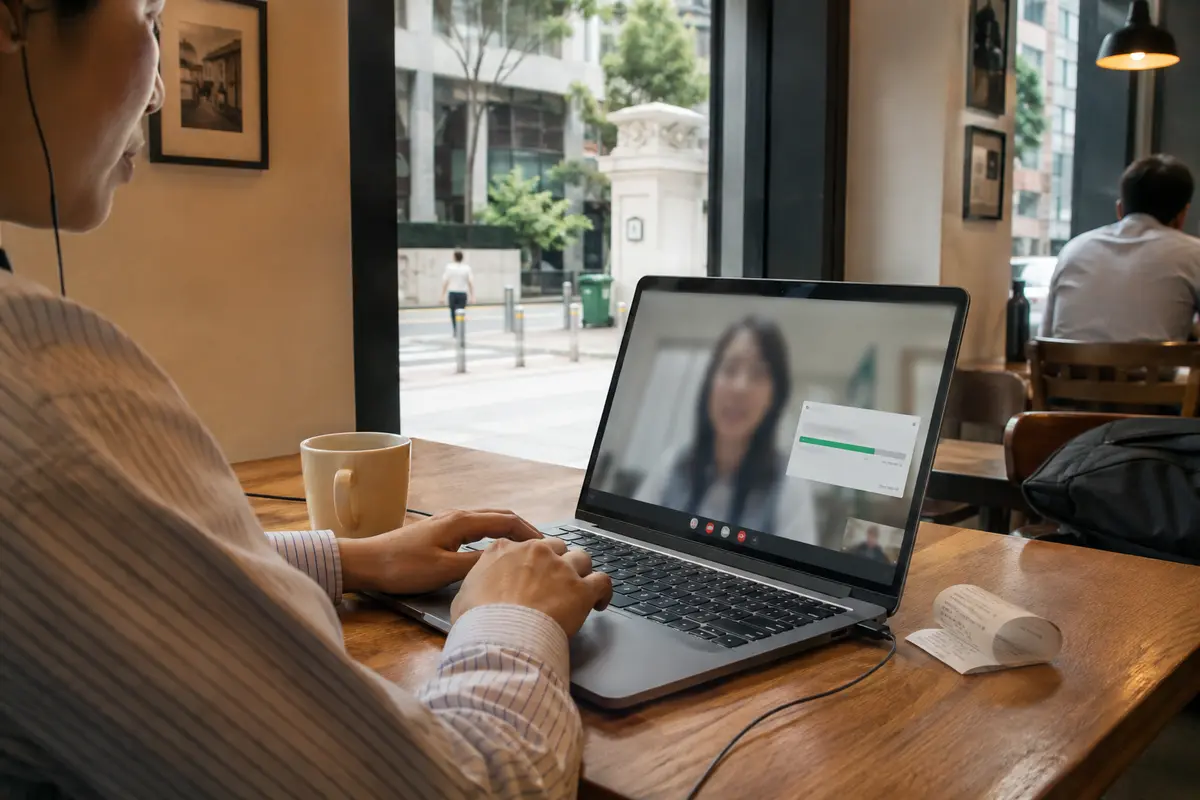 Ein stabiler Videoanruf und ein abgeschlossener Upload in einem Café nahe Raffles Place