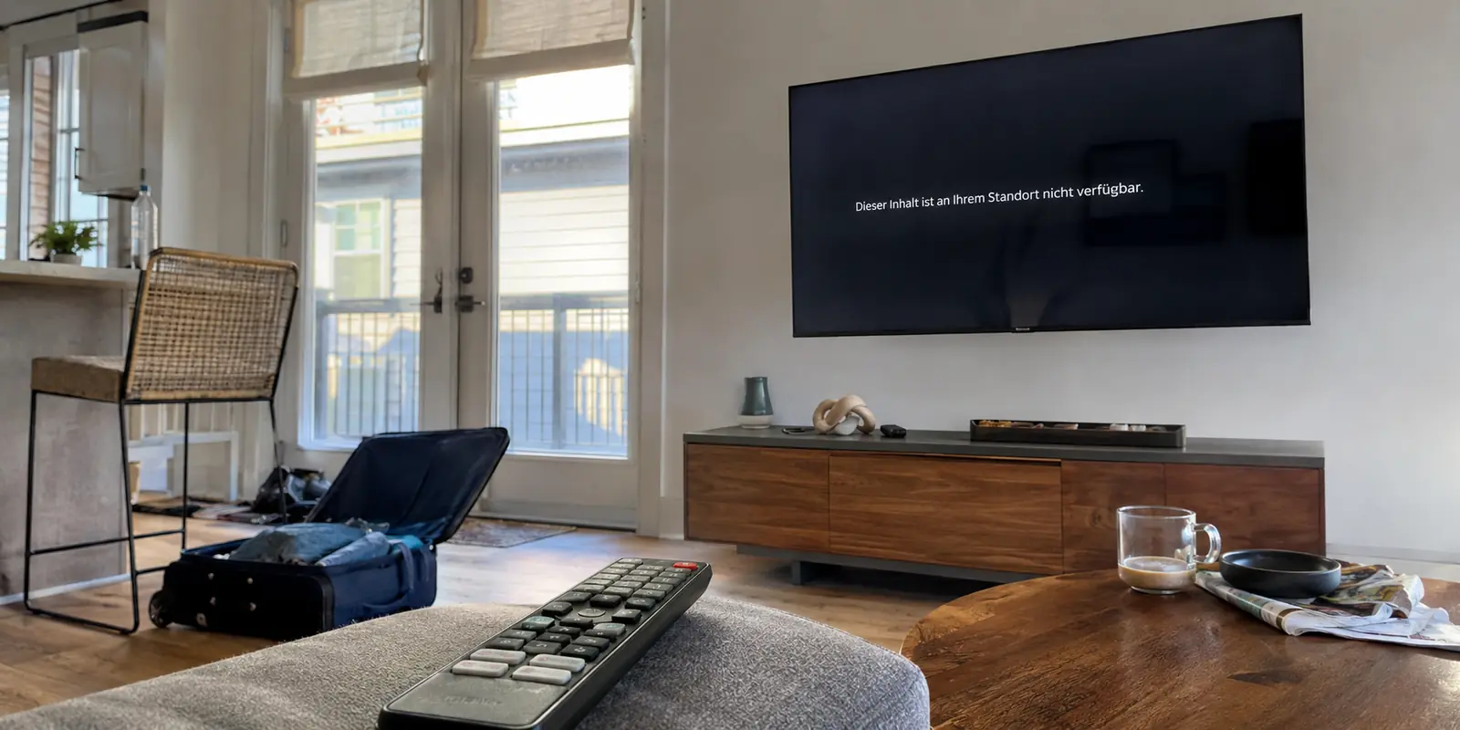 Ein Smart-TV in einer hellen Ferienwohnung zeigt, dass ein Stream am aktuellen Standort nicht verfügbar ist
