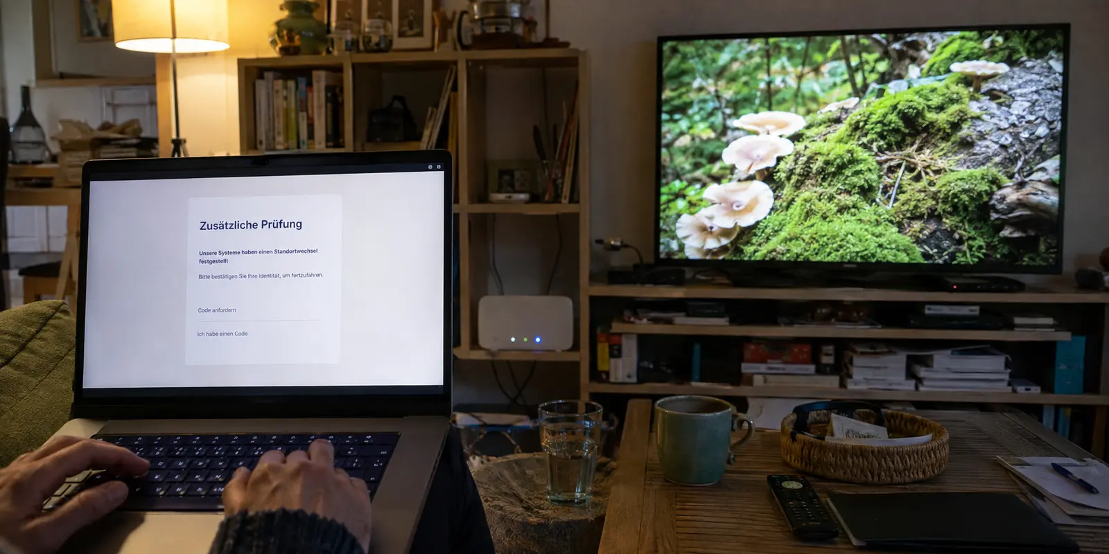 Der Fernseher spielt, während der Arbeitslaptop nach dem Router-VPN eine zusätzliche Prüfung verlangt