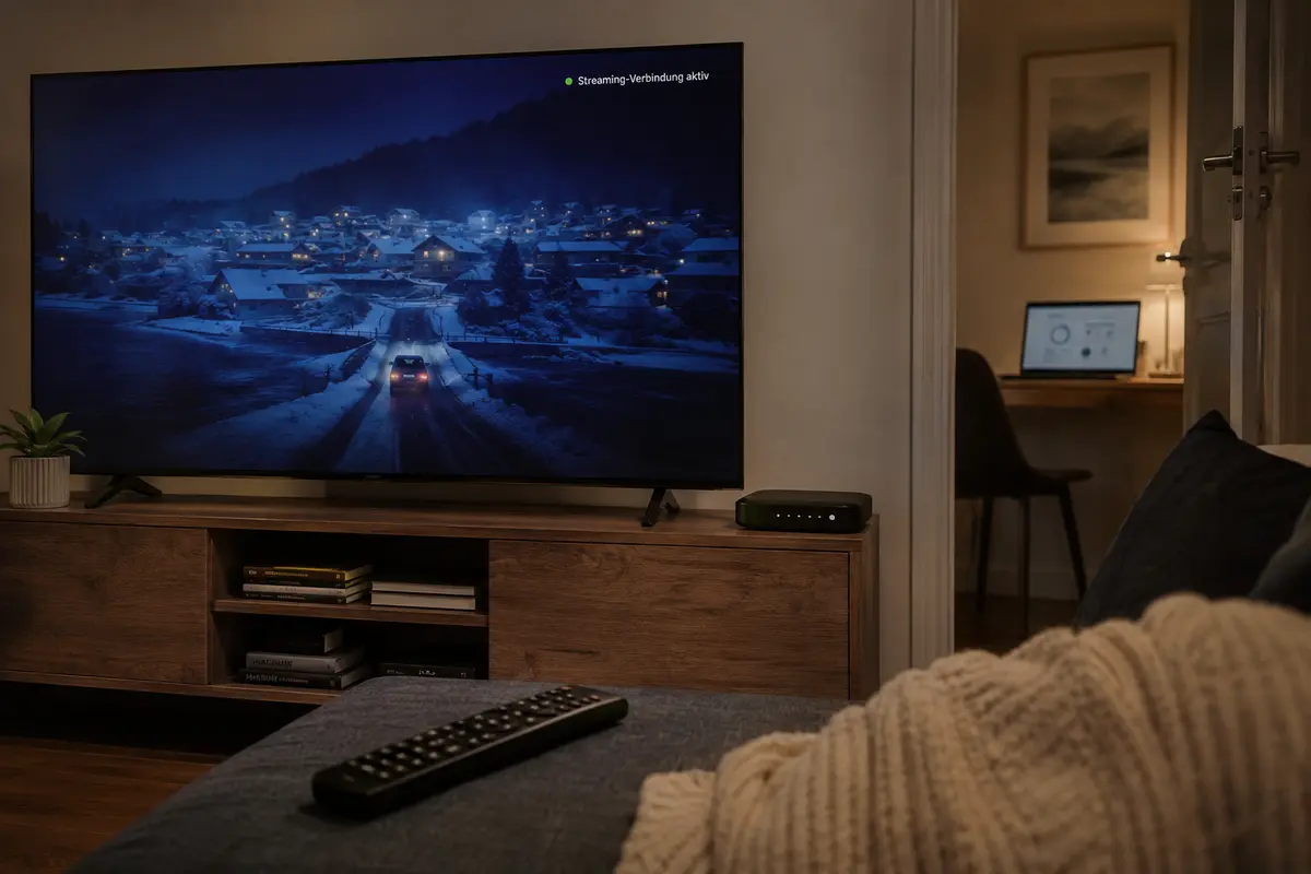 Der Film läuft direkt auf dem Fernseher, während der Arbeitsrechner im Nebenraum normal verbunden bleibt