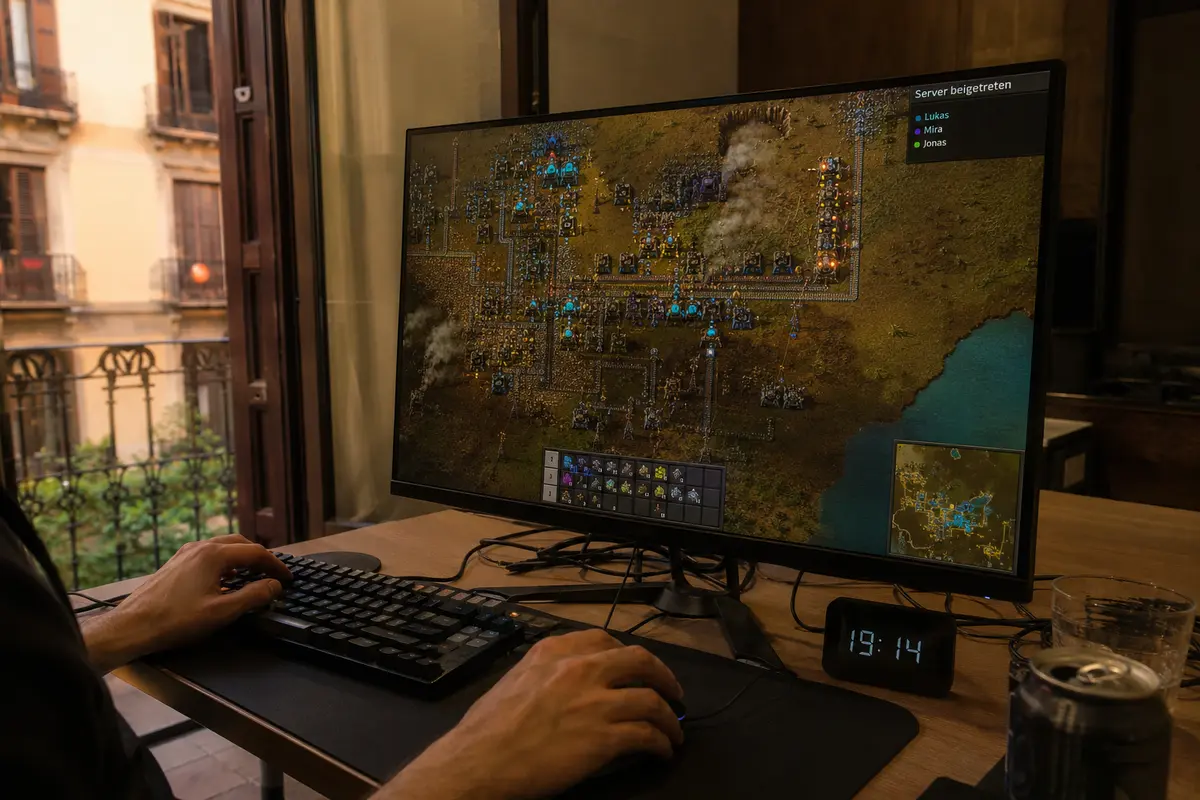 Um 19:14 Uhr läuft die gemeinsame Fabrikspiel-Runde wieder und drei Freunde sind dem Server beigetreten