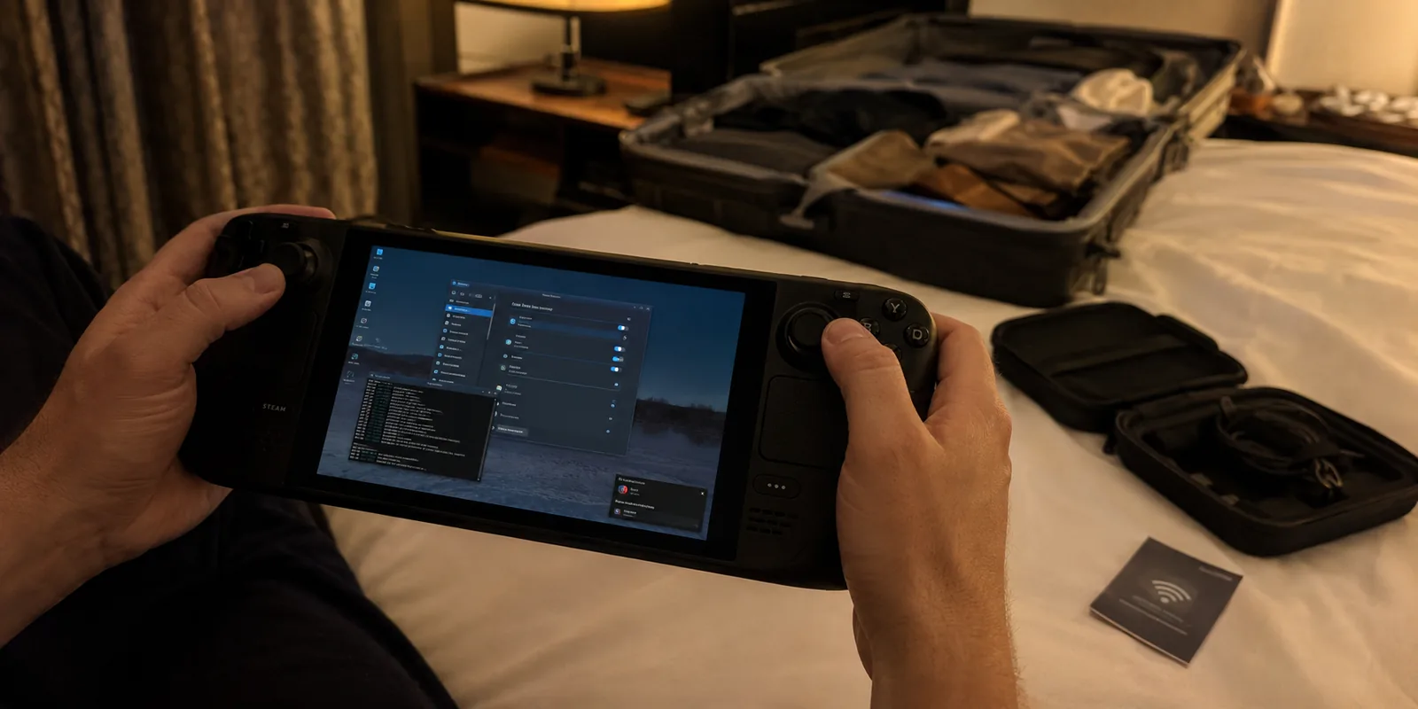 Handheld-PC im Hotelbett mit Linux-Netzwerkeinstellungen und Terminal nach einem Systemupdate.