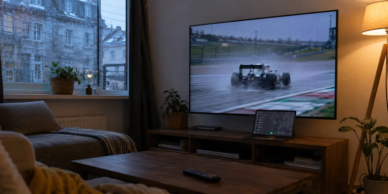 Wiener Wohnzimmer mit Motorsportstream und geöffneter Serverauswahl auf einem Laptop