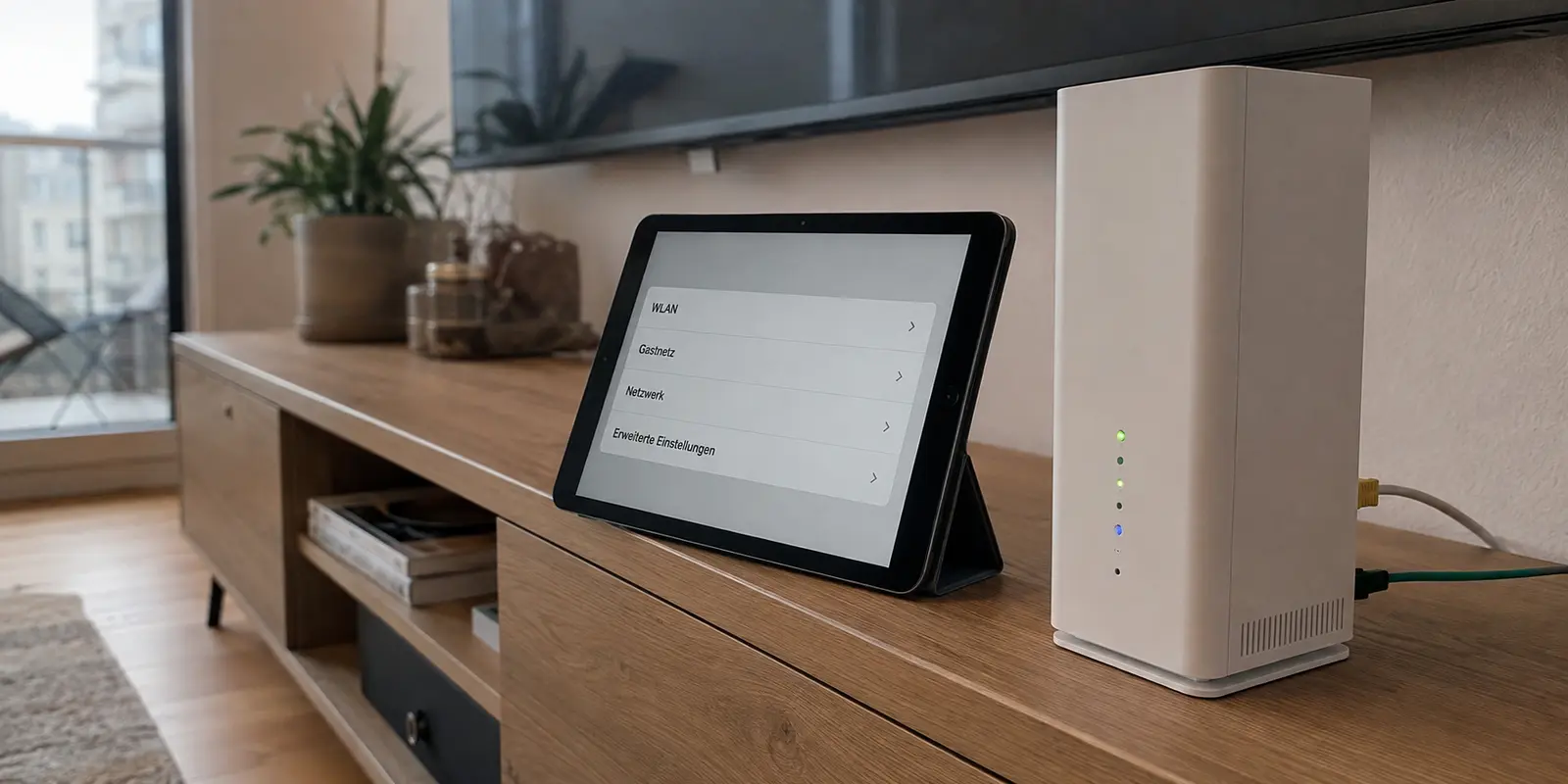 Glasfaserrouter neben einem Tablet mit deutschen Netzwerk- und WLAN-Einstellungen