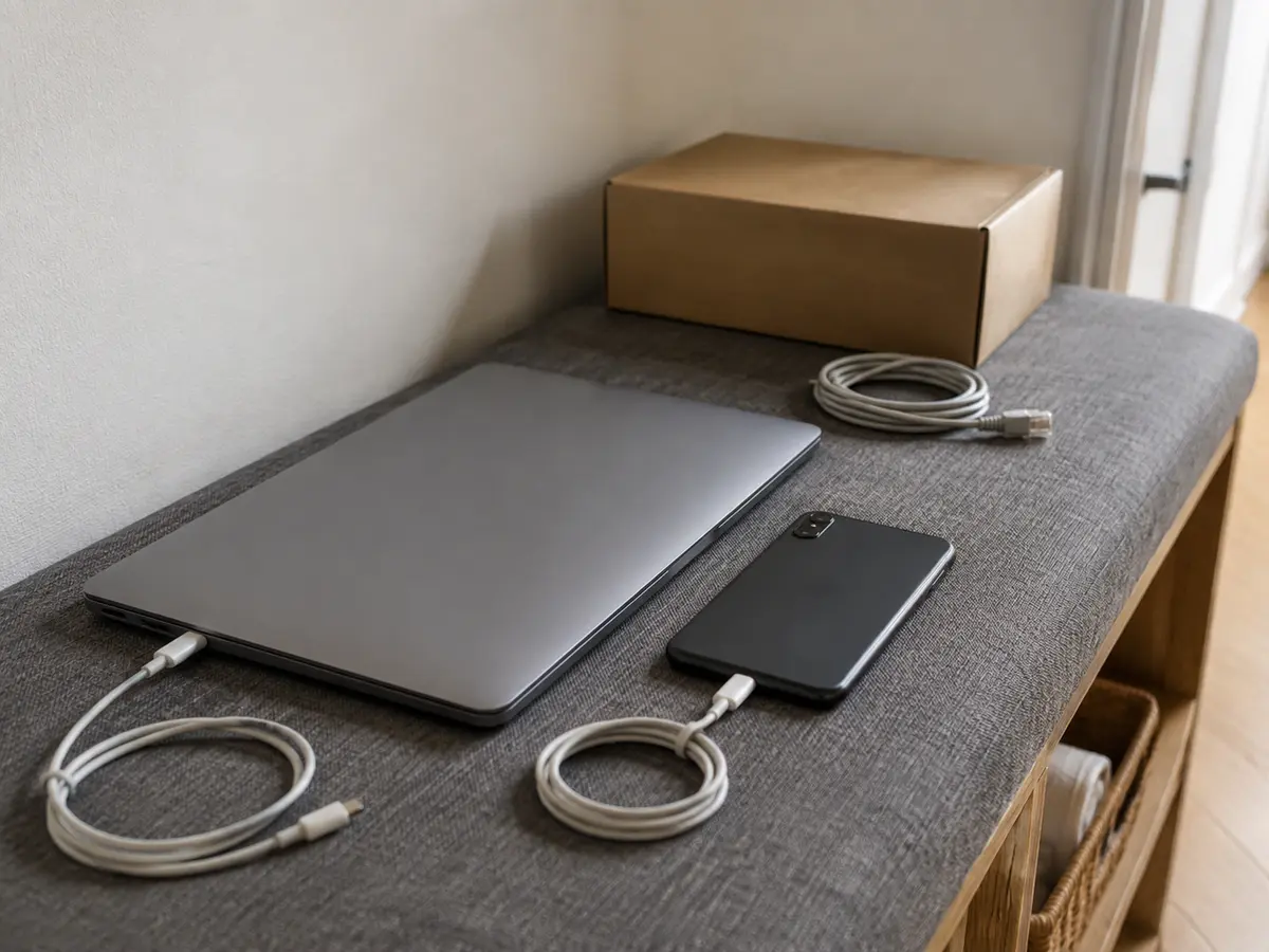 Geschlossener Laptop und Smartphone vor einem ungeöffneten Routerkarton mit Netzwerkkabel